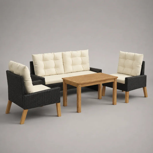 Salon de jardin 4 pièces en résine tressée PE et acacia, noir, écru et brun naturel, canapé 2 places 128 × 70 × 80 cm, 2 fauteuils 68 × 70 × 80 cm et table 100 × 55 × 45 cm