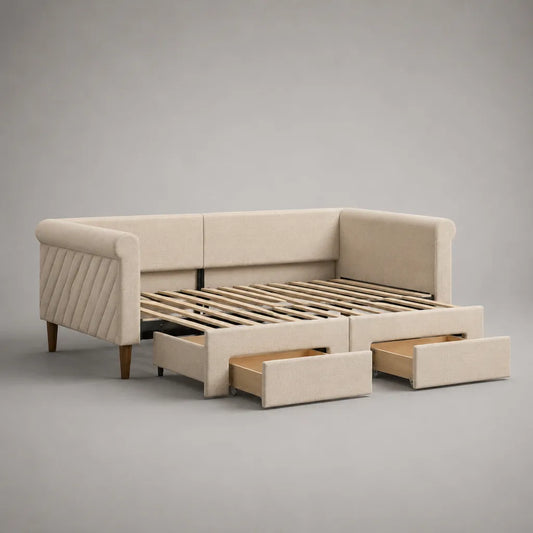 Lit double 160 × 200 cm en tissu chenille beige avec sommier à lattes, dossier rembourré et 3 tiroirs, 218 × 176 × 88 cm