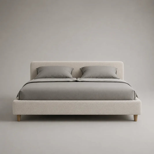 Lit double rembourré en tissu beige, couchage 160 x 200 cm, dimensions 213 x 174 x 100 cm, sommier à lattes et pieds en bois