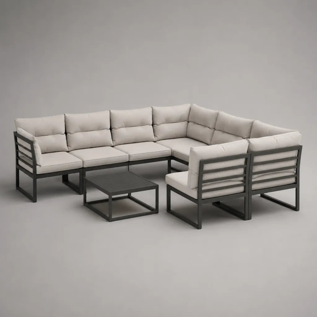 Salon de jardin modulable 8 pièces 7 places en aluminium et tissu anthracite et beige clair, 280 × 220 × 72 cm