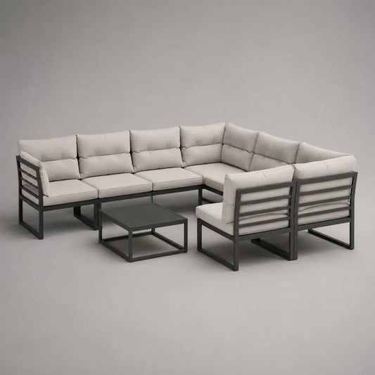Salon de jardin modulable 8 pièces 7 places en aluminium et tissu anthracite et beige clair, 280 × 220 × 72 cm