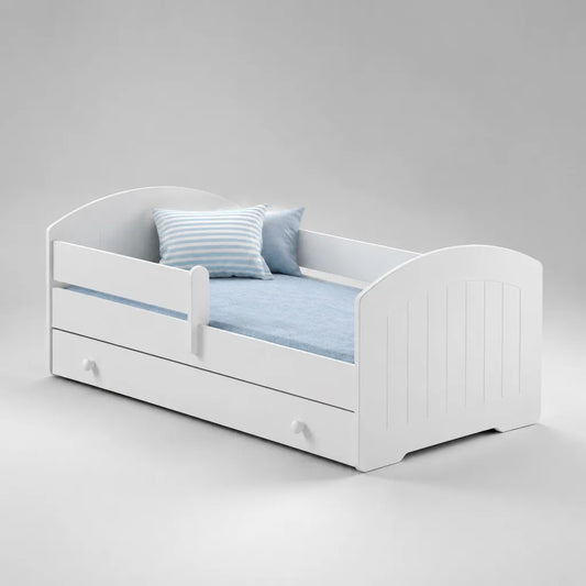 Lit enfant rectangulaire en panneaux MDF blancs 90 × 190 cm avec tiroir et barrières latérales