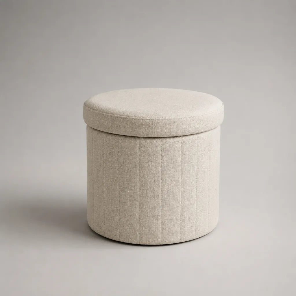 Repose-pieds coffre rond en polyester beige clair, Ø 40 x H 42 cm