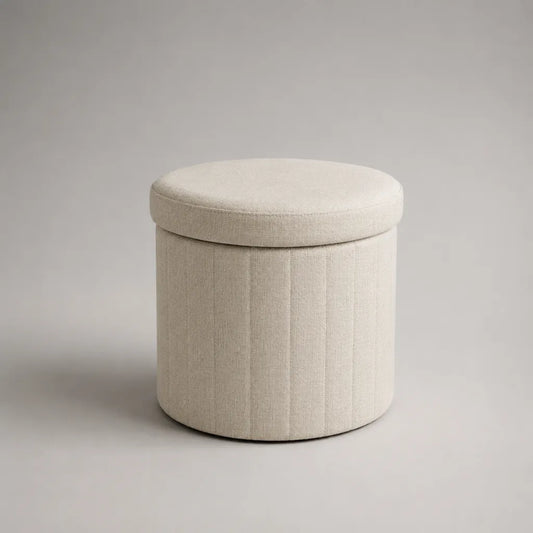 Repose-pieds coffre rond en polyester beige clair, Ø 40 x H 42 cm