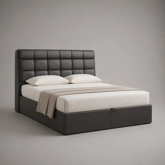 Lit coffre double 160 x 200 cm en similicuir gris anthracite avec tête de lit rembourrée et sommier relevable
