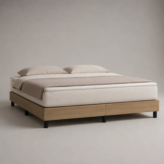Cadre de lit plateforme double 160 × 200 cm en bois et métal, 206 × 166 × 31 cm, 2 modules, chêne naturel et noir