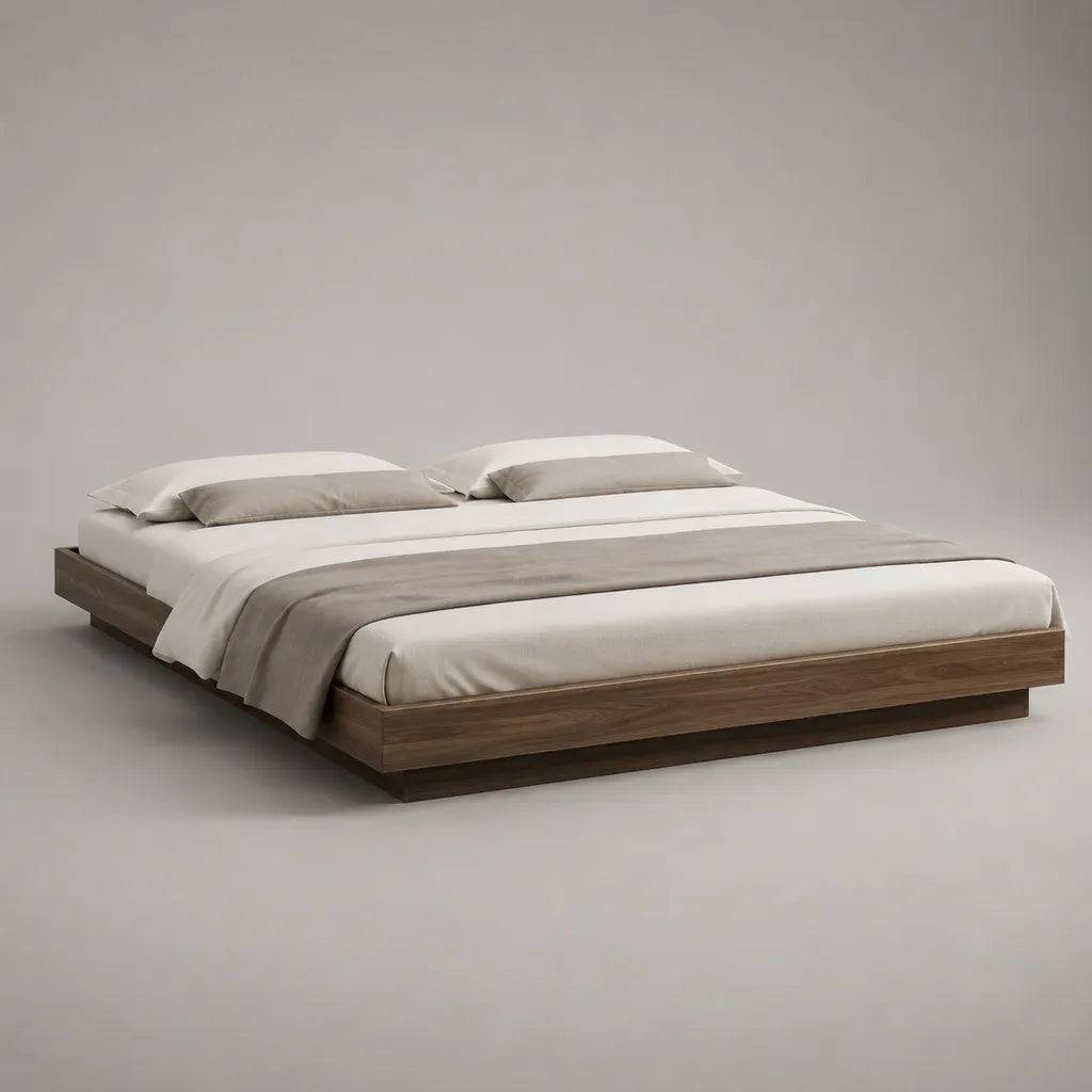 Cadre de lit plateforme 160 × 200 cm en panneaux de particules plaqués noyer marron, sans tête de lit