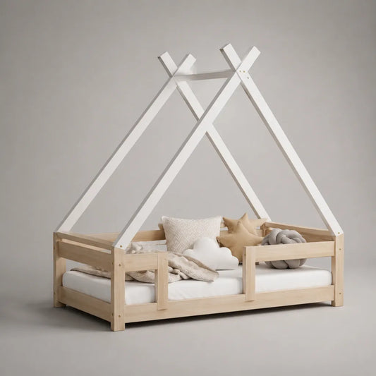 Lit cabane enfant 90 × 200 cm en pin massif avec sommier à lattes et barrières, bois naturel et blanc