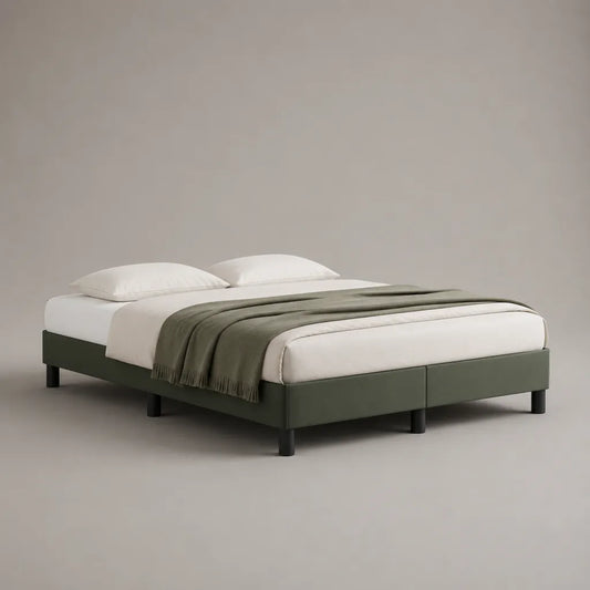 Cadre de lit double rembourré en tissu vert olive avec pieds en plastique noir, 2 sommiers sans tête de lit, couchage 160 × 200 cm, 204 × 164 × 35 cm