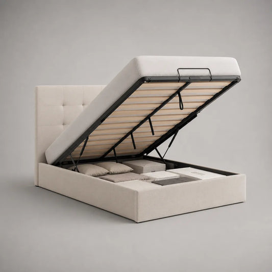 Lit coffre 160 × 200 cm en tissu blanc cassé avec tête de lit rembourrée et sommier relevable en métal et bois